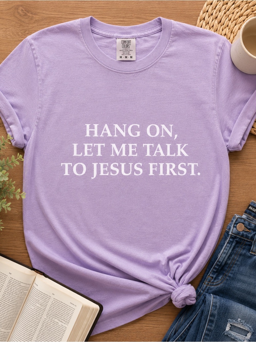 NEW Comfort Colors Lavender Tee with White Scripture Print